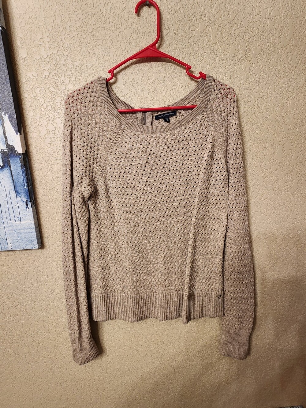American Eagle Outfitters Open-Knit Taupe Crewneck Sweater